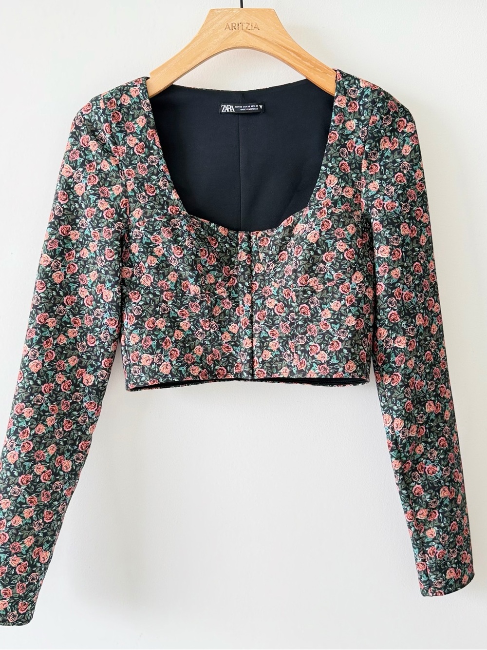 Zara Floral Corset Crop Top XS Green Pink Rose Print Square Neck Cottagecore - Picture 16 of 16